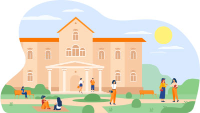 Illustration of college campus with college students milling about